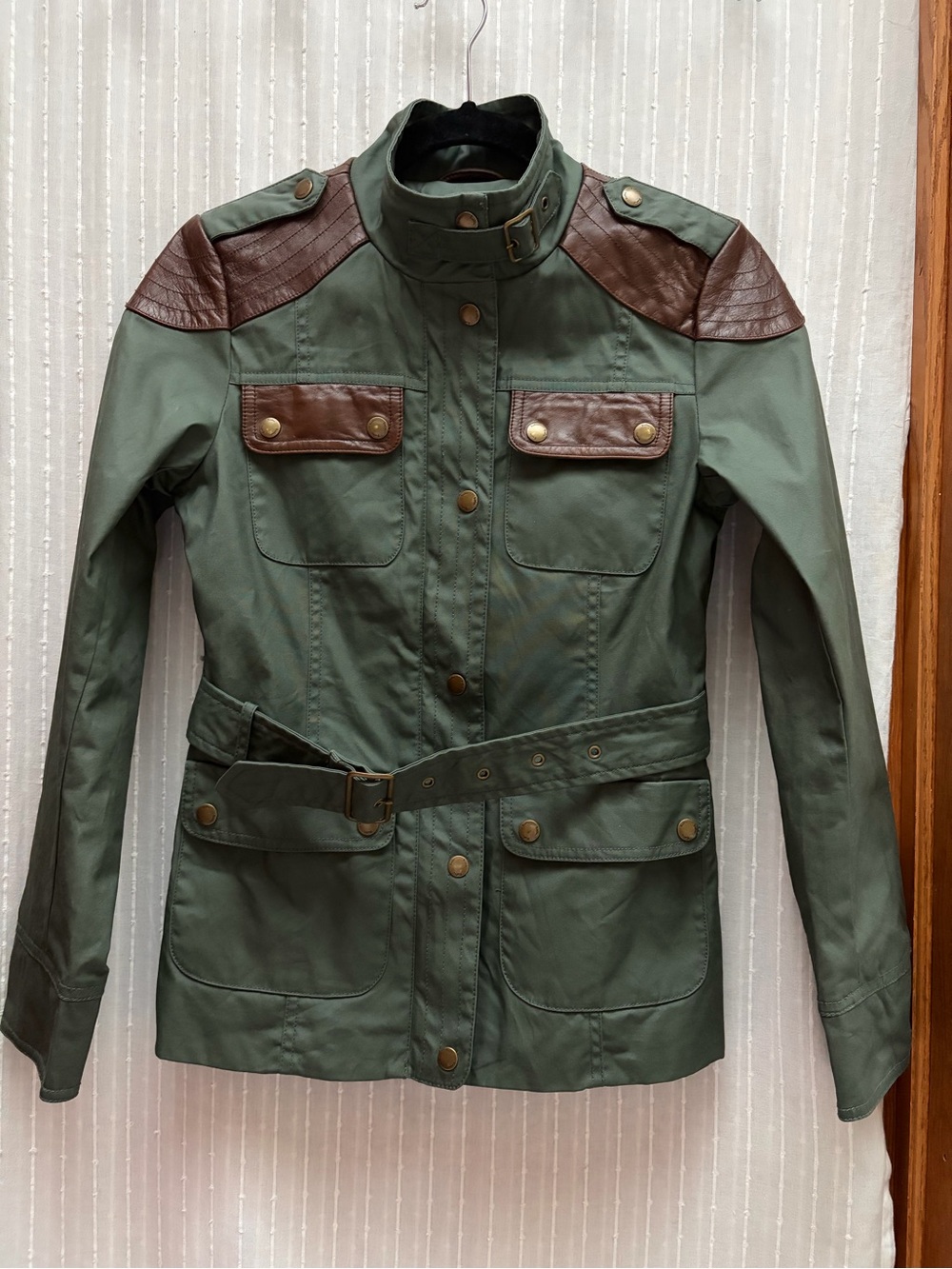 Boden Green Cotton Leather Trim Utility Field Jacket Women's US 2 UK 6 Belted